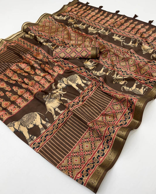 Panoply Brown Ajrakh Printed Soft Silk Saree With Enthralling Blouse Piece