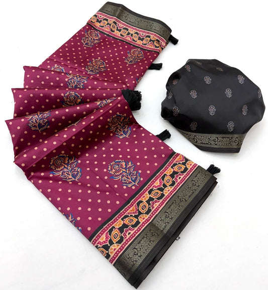 Enigmatic Magenta Ajrakh Printed Soft Silk Saree With Engrossing Blouse Piece