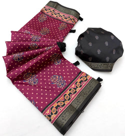 Enigmatic Magenta Ajrakh Printed Soft Silk Saree With Engrossing Blouse Piece