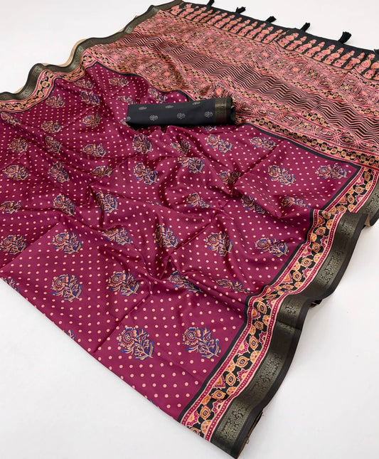 Enigmatic Magenta Ajrakh Printed Soft Silk Saree With Engrossing Blouse Piece