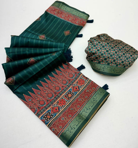 Symmetrical Dark Green Ajrakh Printed Soft Silk Saree With Posh Blouse Piece