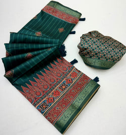 Symmetrical Dark Green Ajrakh Printed Soft Silk Saree With Posh Blouse Piece