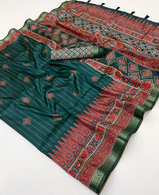 Symmetrical Dark Green Ajrakh Printed Soft Silk Saree With Posh Blouse Piece