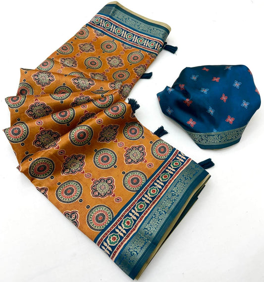 Exceptional Mustard Ajrakh Printed Soft Silk Saree With Phenomenal Blouse Piece