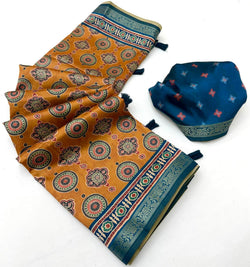 Exceptional Mustard Ajrakh Printed Soft Silk Saree With Phenomenal Blouse Piece