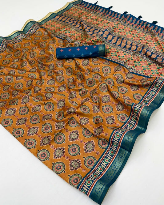 Exceptional Mustard Ajrakh Printed Soft Silk Saree With Phenomenal Blouse Piece