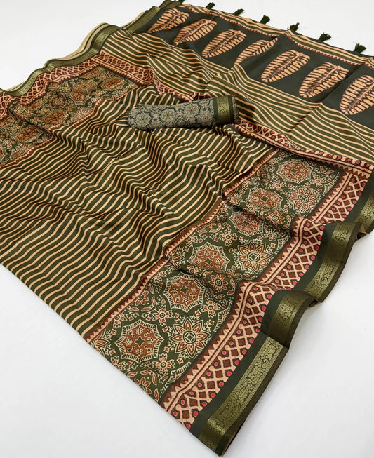 Nebula Green Ajrakh Printed Soft Silk Saree With Sempiternal Blouse Piece