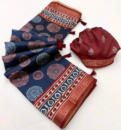 Magnificat Navy Blue Ajrakh Printed Soft Silk Saree With Ethnic Blouse Piece