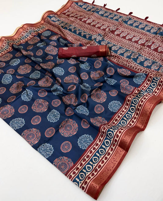 Magnificat Navy Blue Ajrakh Printed Soft Silk Saree With Ethnic Blouse Piece