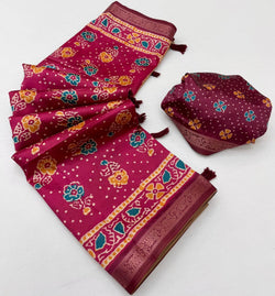 Panache Dark Pink Ajrakh Printed Soft Silk Saree With Flattering Blouse Piece