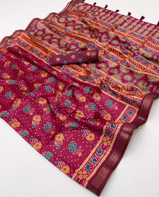 Panache Dark Pink Ajrakh Printed Soft Silk Saree With Flattering Blouse Piece