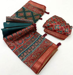 Arresting Rama Ajrakh Printed Soft Silk Saree With Scrumptious Blouse Piece