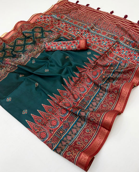 Arresting Rama Ajrakh Printed Soft Silk Saree With Scrumptious Blouse Piece