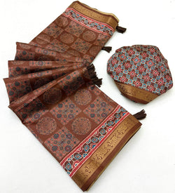 Desirable Brown Ajrakh Printed Soft Silk Saree With Blissful Blouse Piece