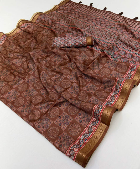 Desirable Brown Ajrakh Printed Soft Silk Saree With Blissful Blouse Piece