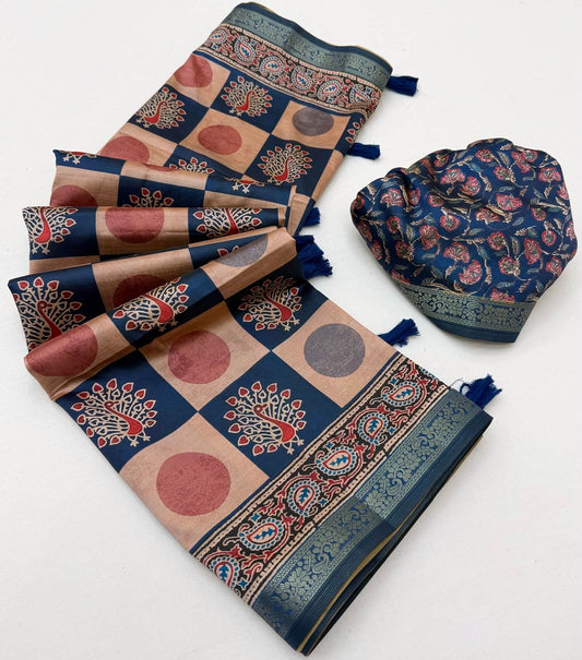 Dazzling Beige and Blue Ajrakh Printed Soft Silk Saree With Alluring Blouse Piece