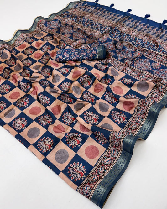Dazzling Beige and Blue Ajrakh Printed Soft Silk Saree With Alluring Blouse Piece