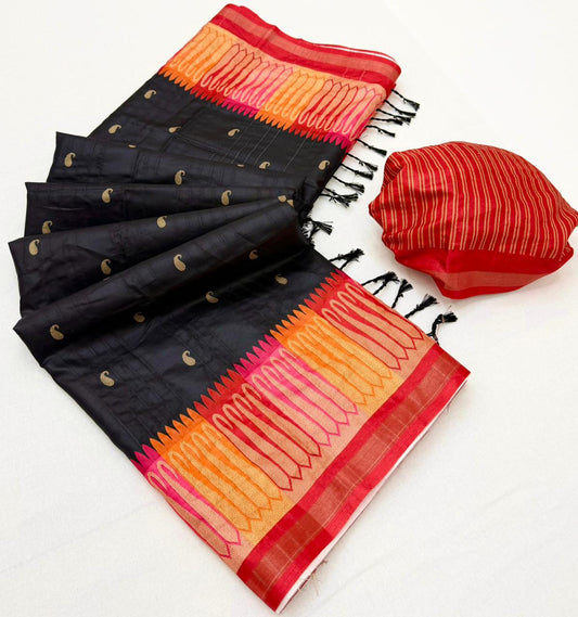 Confounding Black Pure Zari Weaving Banarasi Tussar Silk Saree With Trendy Blouse Piece