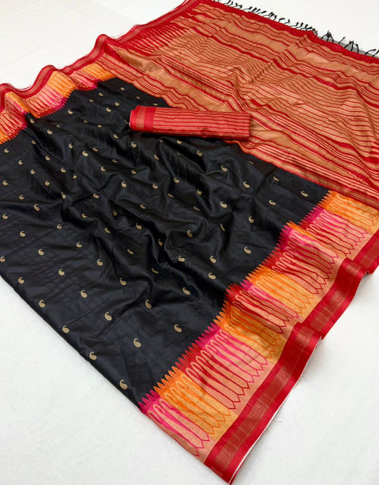 Confounding Black Pure Zari Weaving Banarasi Tussar Silk Saree With Trendy Blouse Piece