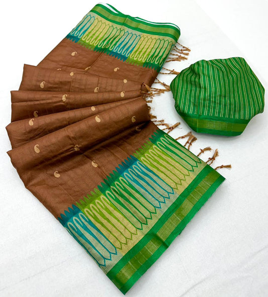Profuse Brown Pure Zari Weaving Banarasi Tussar Silk Saree With Enthralling Blouse Piece