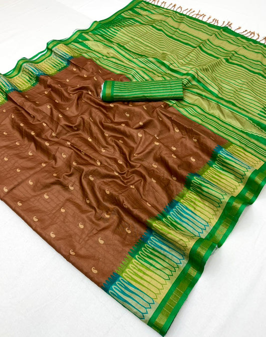 Profuse Brown Pure Zari Weaving Banarasi Tussar Silk Saree With Enthralling Blouse Piece
