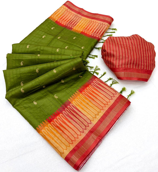 Delightful Green Pure Zari Weaving Banarasi Tussar Silk Saree With Adorable Blouse Piece