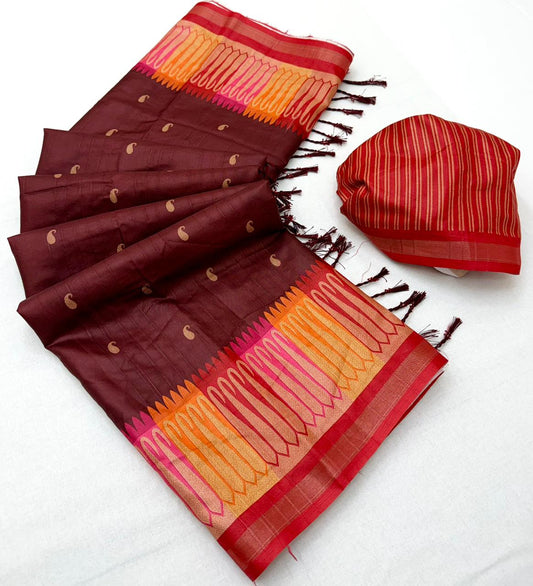 Rhapsodic Maroon Pure Zari Weaving Banarasi Tussar Silk Saree With Glorious Blouse Piece