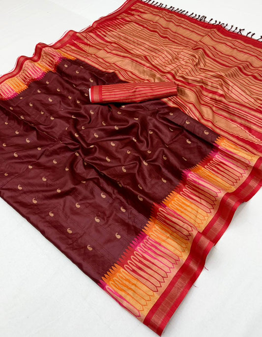 Rhapsodic Maroon Pure Zari Weaving Banarasi Tussar Silk Saree With Glorious Blouse Piece