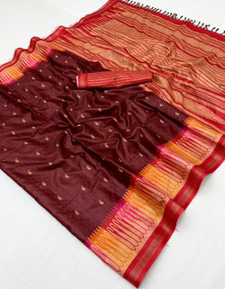 Rhapsodic Maroon Pure Zari Weaving Banarasi Tussar Silk Saree With Glorious Blouse Piece