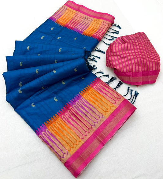 Smart Navy Blue Pure Zari Weaving Banarasi Tussar Silk Saree With Demure Blouse Piece