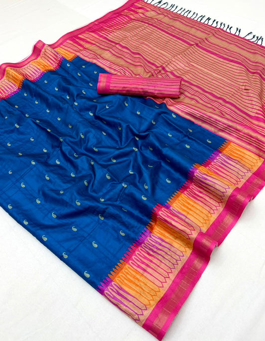 Smart Navy Blue Pure Zari Weaving Banarasi Tussar Silk Saree With Demure Blouse Piece
