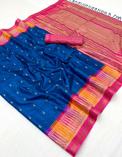 Smart Navy Blue Pure Zari Weaving Banarasi Tussar Silk Saree With Demure Blouse Piece