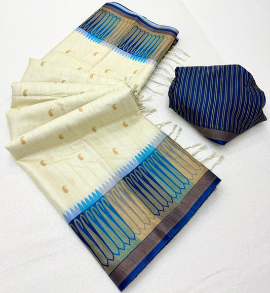 Mesmeric Off White Pure Zari Weaving Banarasi Tussar Silk Saree With Ornate Blouse Piece