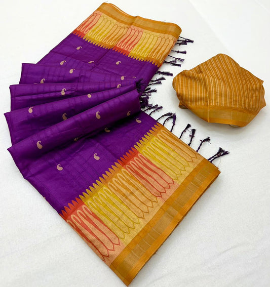 Hypnotic Purple Pure Zari Weaving Banarasi Tussar Silk Saree With Majesty Blouse Piece