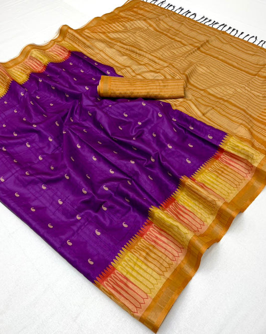 Hypnotic Purple Pure Zari Weaving Banarasi Tussar Silk Saree With Majesty Blouse Piece