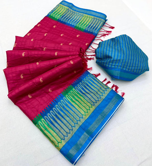 Glowing Wine Pure Zari Weaving Banarasi Tussar Silk Saree With Opulent Blouse Piece