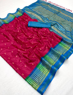 Glowing Wine Pure Zari Weaving Banarasi Tussar Silk Saree With Opulent Blouse Piece