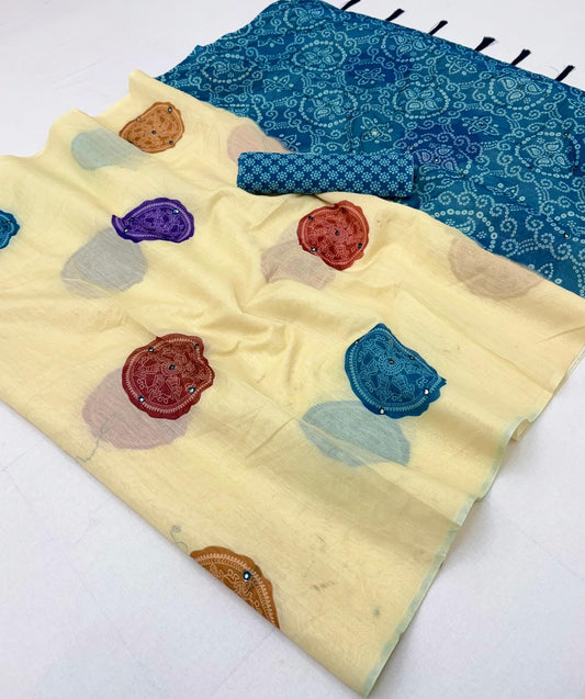 Staring Beige Printed Cotton Silk Saree With Mesmeric Blouse Piece