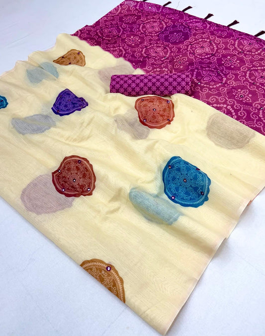 Snazzy Beige Printed Cotton Silk Saree With Verdant Blouse Piece