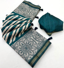Elaborate Rama Printed Cotton Silk Saree With Incredible Blouse Piece