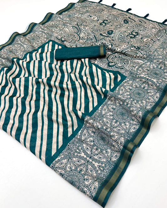 Elaborate Rama Printed Cotton Silk Saree With Incredible Blouse Piece