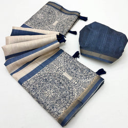 Lassitude Navy Blue Printed Cotton Silk Saree With Susurrous Blouse Piece