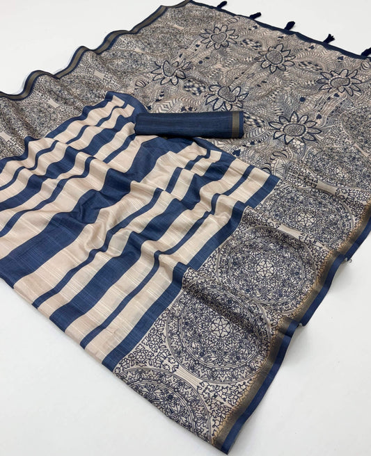 Lassitude Navy Blue Printed Cotton Silk Saree With Susurrous Blouse Piece