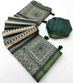 Breathtaking Dark Green Printed Cotton Silk Saree With Extraordinary Blouse Piece