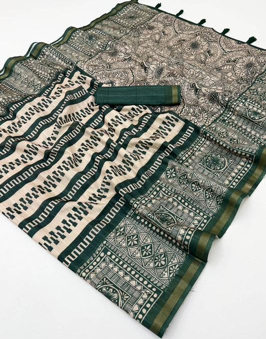 Breathtaking Dark Green Printed Cotton Silk Saree With Extraordinary Blouse Piece
