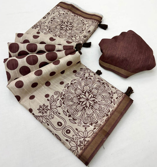 Allure Brown Printed Cotton Silk Saree With Assemblage Blouse Piece