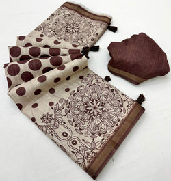 Allure Brown Printed Cotton Silk Saree With Assemblage Blouse Piece