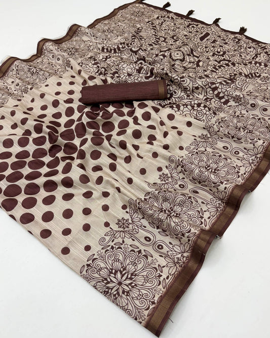 Allure Brown Printed Cotton Silk Saree With Assemblage Blouse Piece