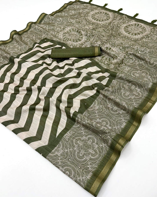 Sonorous Green Printed Cotton Silk Saree With Glittering Blouse Piece