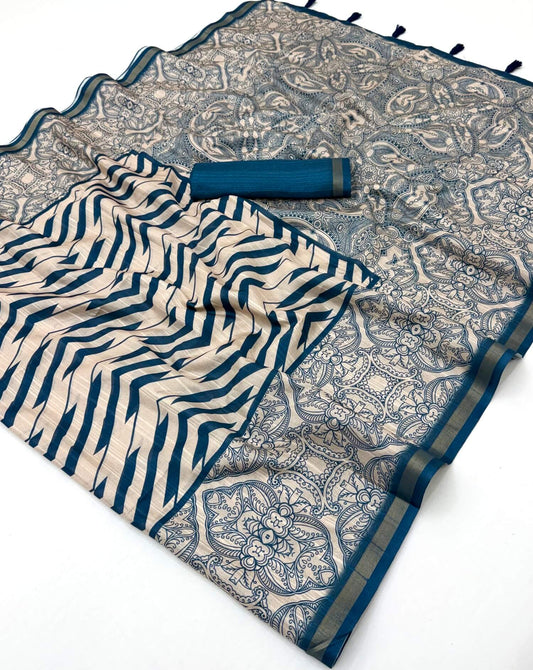 Magnetic Blue Printed Cotton Silk Saree With Delectable Blouse Piece